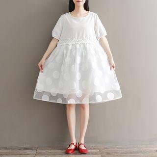Short-sleeve Dotted Mesh Panel A-line Dress