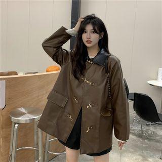 Two Tone Faux Leather Button-up Coat