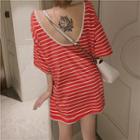 Open-back Striped Side-slit Elbow-sleeve T-shirt