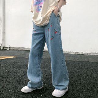 Cherry Embroidered Wide Leg Jeans