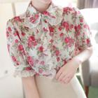 Puff-sleeve Lace-frill Floral Blouse Ivory - One Size