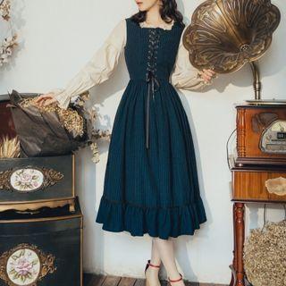 Puff-sleeve Plaid Panel Lace-up Midi A-line Dress