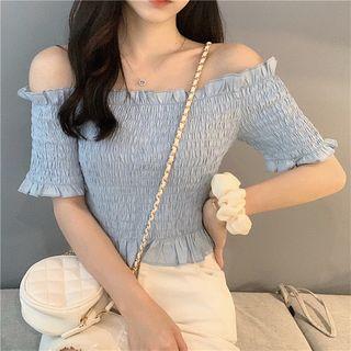 Off-shoulder Cropped Short-sleeve Shirred Top