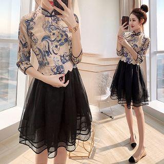 Mock-two Piece Floral Print A-line Mesh Dress