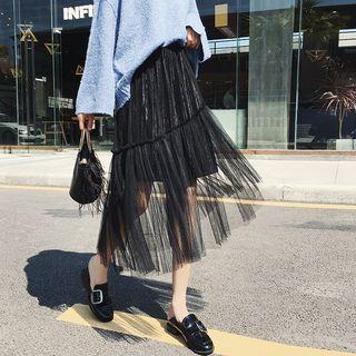 High-waist Mesh Panel Asymmetric Pleated Skirt