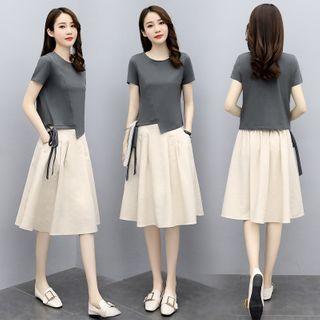 Set: Short-sleeve Irregular T-shirt + A-line Midi Skirt