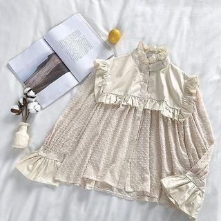 Plain Ruffled-trim Polka Dot Panel Flare-sleeve Blouse