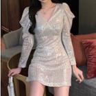 Long-sleeve V-neck Sequined Dress