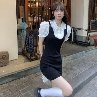 Puff-sleeve Mock Two-piece Mini Sheath Dress White & Black - One Size