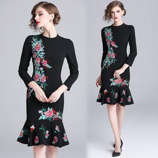 Embroidered Ruffle Hem 3/4-sleeve Sheath Dress