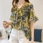 Elbow-sleeve Cold Shoulder Frill Trim Floral Chiffon Top
