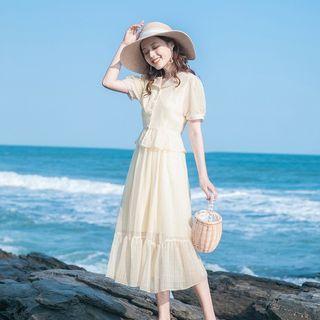 Set: Puff-sleeve Blouse + Shirred Midi A-line Skirt