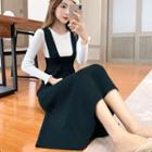 Set: Plain Long-sleeve Knit Top + Midi Suspender Skirt