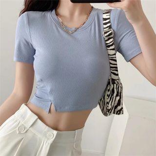 Short Sleeve Plain Slit Crop Top