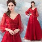 Embroidered 3/4 Sleeve Evening Gown