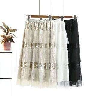 Mesh Panel Velvet Skirt