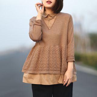 Mock Two Piece Blouse Khaki - One Size