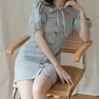 Key-hole Bow-neck Puff-sleeve Denim Dress