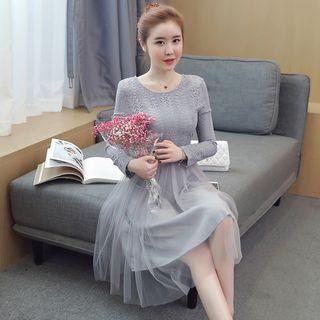 Lace Panel Long-sleeve Tulle Dress