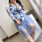 Set: Print Shirt + Spaghetti-strap Mesh Dress