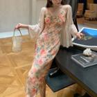Spaghetti Strap Floral Sundress / Bell Sleeve Lace Cardigan