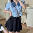 Puff-sleeve Collared Button-up Blouse / Mini A-line Skirt
