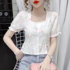 Short-sleeve Floral Embroidered Square-neck Blouse