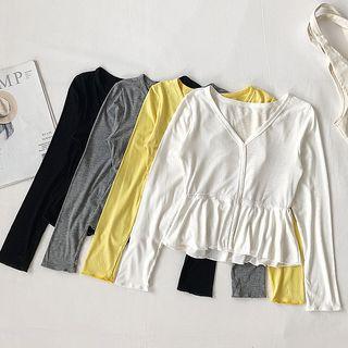 Plain V-neck Ruffled Long-sleeve Top
