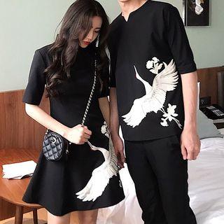 Couple Matching Elbow-sleeve Crane Print Top / A-line Dress