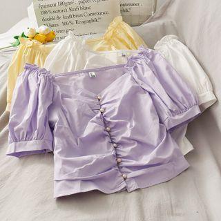 Wide-neck Pearl-button Ruched Crop Blouse