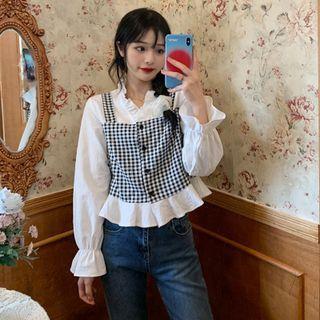 Mock Two-piece Long-sleeve Check Frill Trim Blouse