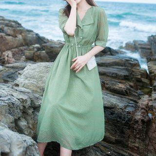 Dotted Collared Elbow-sleeve A-line Dress
