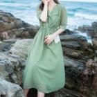 Dotted Collared Elbow-sleeve A-line Dress