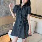 Puff-sleeve Tie-strap Gingham Mini A-line Dress