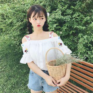 Floral Embroidered Cold Shoulder Short-sleeve Blouse