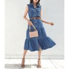 Tiered Denim Long Shirtdress With Belt Blue - One Size