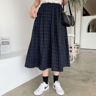 Short-sleeve Shirt / Plaid Midi A-line Skirt