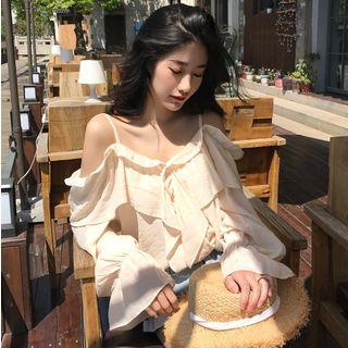Cold-shoulder Ruffle Chiffon Blouse Almond - One Size