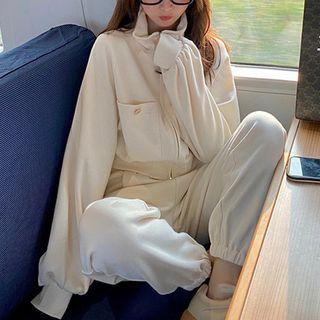 Set: Plain Zip-up Cropped Jacket + Sweatpants