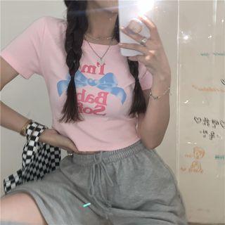 Crewneck Printed Letter Crop Top Pink - One Size