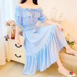 Off-shoulder Plain Frill Trim A-line Chiffon Dress