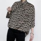 Leopard Print Elbow-sleeve Tie-neck Shirt