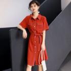 Contrast Stitching Elbow-sleeve A-line Shirtdress