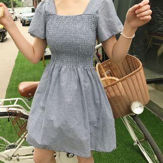 Check Square-neck Short-sleeve A-line Dress