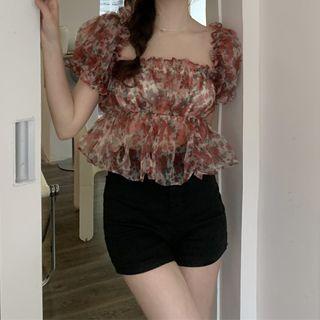 Short-sleeve Floral Top Red - One Size