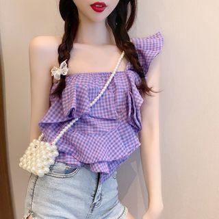 One-shoulder Ruffle Gingham Blouse