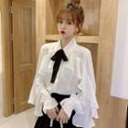 Ruffled Blouse With Black Bow Tie - Blouse - White - One Size