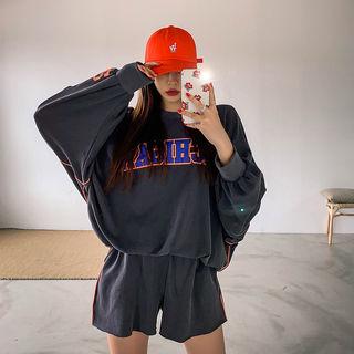 Set: Round-neck Letter Print Pullover + Band-waist Fray-hem Shorts