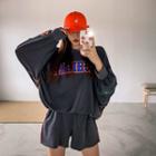 Set: Round-neck Letter Print Pullover + Band-waist Fray-hem Shorts