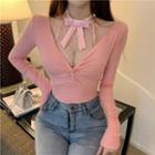 Long-sleeve V-neck Bow Halter Top Pink - One Size